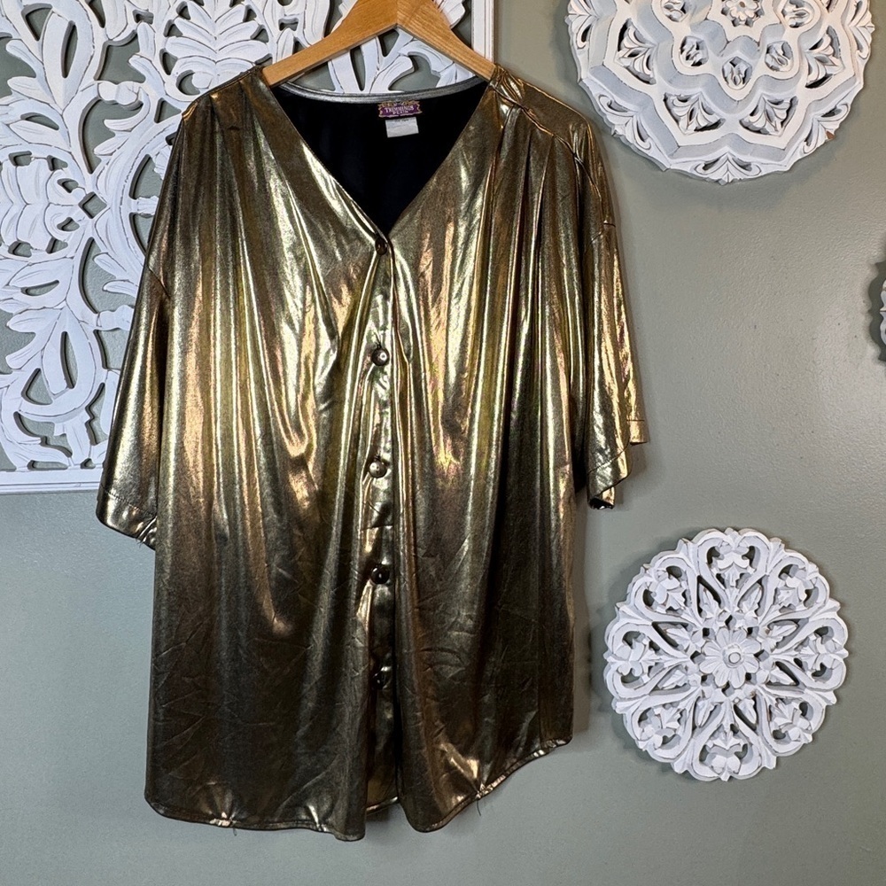 Vintage Trimmings Plus Liquid Gold Oversized Top Button Down V-Neck Size 24